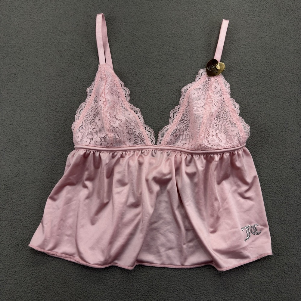 Juicy Couture Babydoll Shorty Cami Size M Pink Rhinestone Satin Lace Bralette
